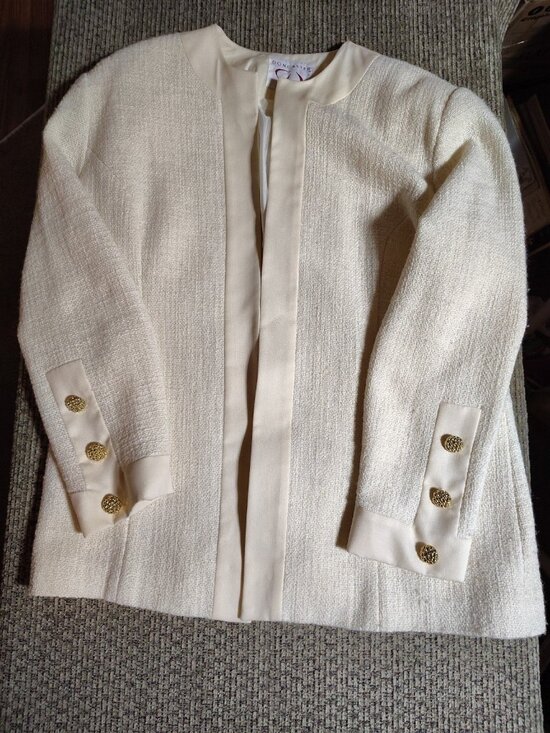 Doncaster Jackets & Blazers - Doncaster Tweed Blazer Jacket Womens Size 14 Cream/W CreamFringe Trim Open Front